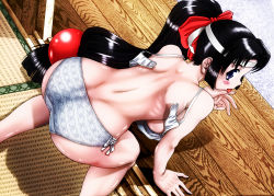 Rule 34 | 00s, 1girl, ass, back, bent over, blunt bangs, bra, breasts, colorized, female focus, from above, hairband, headband, highres, licking, lingerie, looking back, ninin ga shinobuden, ninja, panties, ponytail, shinobu (ninin ga shinobuden), shiny skin, side-tie panties, solo, tatami, third-party edit, type 90 (daihon&#039;ei), underwear, undressing