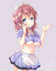 Rule 34 | 1girl, :p, absurdres, adapted costume, amano miu, apron, blend s, blue eyes, blush, braid, breasts, brown hair, closed mouth, collarbone, commentary request, crop top, dated, fingernails, frilled apron, frills, grey background, hair between eyes, hands up, heart, highres, large breasts, long hair, maid headdress, navel, neki (wakiko), plaid, plaid shirt, plaid skirt, purple shirt, purple skirt, shirt, simple background, skirt, smile, solo, stile uniform, tongue, tongue out, twin braids, twitter username, underboob, uniform, unmoving pattern, waist apron, white apron