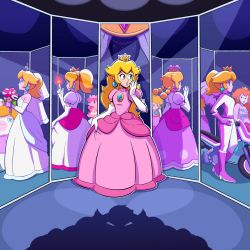 Rule 34 | 1girl, 6+girls, band shirt, biker clothes, biker peach, bikesuit, blonde hair, blue earrings, blue eyes, bodysuit, boots, bouquet, bowser, braid, breasts, bridal veil, brooch, brown hair, crown, different reflection, dress, earrings, elbow gloves, element bending, fire, fire peach, flower, full body, gloves, green earrings, hand on own hip, hand to own mouth, high ponytail, highres, jewelry, letitmelo, mario (series), mario + rabbids kingdom battle, mario kart, mario kart wii, merchandise, milli vanilli, mini crown, mirror, mob face, motor vehicle, motorcycle, multiple girls, multiple persona, new super mario bros. u deluxe, nintendo, orange hair, paper mario, paper mario: the thousand year door, parasol, peachette, pink dress, pink gloves, piranha plant, pixelated, ponytail, princess peach, princess peach (sunshine), princess peach (wedding), puffy short sleeves, puffy sleeves, pyrokinesis, rabbid peach, reflection, retro artstyle, scarf, shadow, shadow queen, short sleeves, small breasts, sphere earrings, standing, strapless, strapless dress, super crown, super mario 3d world, super mario odyssey, super mario sunshine, the adventures of super mario bros. 3, the super mario bros. super show!, twin braids, umbrella, veil, wedding dress, white gloves