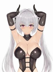 Rule 34 | 1girl, arm strap, armpit peek, arms behind head, arms up, bare shoulders, black choker, black gloves, blush, bondage outfit, breasts, choker, commentary request, covered erect nipples, demon horns, elbow gloves, gloves, grey hair, hair belt, hakaba (dairiseki), highres, horns, large breasts, long hair, looking at viewer, navel, purple eyes, smile, solo, tama project, tamatoyz, twintails, virtual youtuber, weiss anne