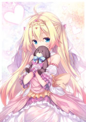 Rule 34 | 1girl, antenna hair, bare shoulders, blonde hair, blue bow, blue eyes, blush, bow, braid, commentary request, covered mouth, dress, fingerless gloves, frilled dress, frills, gloves, hair between eyes, headpiece, heart, highres, long hair, hugging object, original, pink dress, puffy short sleeves, puffy sleeves, purple gloves, ryo (botugo), short sleeves, solo, stuffed animal, stuffed dog, stuffed toy, veil, very long hair, wide sleeves