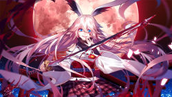 Rule 34 | 1girl, animal ears, benghuai xueyuan, blood, bloody weapon, blue eyes, blurry, depth of field, detached sleeves, female focus, floating hair, fox ears, full moon, hair between eyes, hand up, holding, holding sword, holding weapon, honkai (series), jewelry, katana, long hair, looking at viewer, moon, necklace, obi, open mouth, original, parted lips, petals, pink hair, plaid, plaid skirt, pleated skirt, rabbit ears, red skirt, sash, skirt, smile, solo, sougishi ego, sword, talisman, teeth, traditional clothes, upper body, very long hair, weapon, yae sakura (benghuai xueyuan)