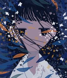 Rule 34 | 1girl, absurdres, black eyes, black hair, collared shirt, english text, flower, half-closed eyes, highres, leaf, limited palette, long hair, looking at viewer, no nose, original, portrait, shirt, sizucomaru, solo, white shirt