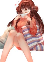 Rule 34 | 10s, 1girl, ahoge, alternate costume, bespectacled, blue eyes, blush, cup, double bun, glasses, hairband, heart, highres, joseph lee, kantai collection, kongou (kancolle), long hair, looking at viewer, newspaper, open mouth, pillow, ribbed sweater, solo, sweater, teacup, white background