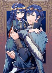Rule 34 | 1boy, 1girl, aged down, alternate costume, ameno (a meno0), blue cape, blue dress, blue eyes, blue hair, blue shirt, cape, carrying, carrying person, child, chrom (fire emblem), closed mouth, dress, father and daughter, fire emblem, fire emblem awakening, flower, fur-trimmed cape, fur trim, hair between eyes, head wreath, jewelry, long hair, long sleeves, looking at viewer, lucina (fire emblem), nintendo, shirt, short hair, smile, tiara, yellow flower