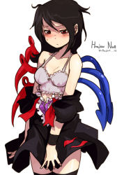 Rule 34 | 1girl, asymmetrical wings, black hair, black thighhighs, blush, breasts, camisole, character name, dress, embarrassed, female focus, houjuu nue, lingerie, messy hair, oso (toolate), red eyes, short hair, simple background, skirt, skirt tug, sleepy, solo, thighhighs, touhou, underwear, undressing, wings, zettai ryouiki