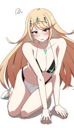Rule 34 | 1girl, :o, absurdres, adapted costume, bikini, black bikini, blonde hair, blush, breasts, choker, circlet, cleavage, collarbone, core crystal (xenoblade), earrings, full body, hello pty, highres, jewelry, large breasts, long hair, looking at viewer, mismatched bikini, mythra (radiant beach) (xenoblade), mythra (xenoblade), open mouth, shadow, simple background, solo, squiggle, swept bangs, swimsuit, very long hair, white background, white bikini, white choker, white footwear, xenoblade chronicles (series), xenoblade chronicles 2, yellow eyes