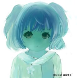 Rule 34 | 1girl, :&lt;, alternate costume, alternate eye color, blue hair, brown eyes, dai nijuusangou, dated, eyelashes, flower, kawashiro nitori, looking at viewer, no headwear, pajamas, short hair, short twintails, simple background, solo, touhou, twintails, two side up, upper body, white background