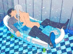 Rule 34 | 1boy, 1girl, arched back, arm support, ass, bad id, bad pixiv id, bath, bathroom, bathtub, black hair, breasts, checkered floor, claw foot bathtub, closed eyes, clothed male nude female, couple, covered erect nipples, emiya kiritsugu, fate/zero, fate (series), floor, formal, girl on top, hands on another&#039;s chest, hetero, husband and wife, indoors, irisviel von einzbern, kiss, long hair, medium breasts, mixed-sex bathing, naka (sm6130), nipples, nude, overflowing, overflowing bath, partially submerged, shared bathing, shoes, straddling, submerged, suit, tiles, very long hair, water, white hair