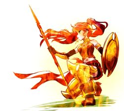 Rule 34 | 1girl, armlet, armor, bare shoulders, belt, black gloves, boots, breastplate, elbow gloves, forehead protector, full body, gloves, gorget, greaves, green eyes, high heel boots, high heels, iesupa, long hair, midriff, on one knee, polearm, ponytail, pyrrha nikos, red hair, rwby, sarong, shield, skirt, solo, spear, vambraces, weapon, wind