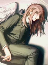 Rule 34 | 1boy, angel devil (chainsaw man), angel wings, black jacket, black necktie, brown hair, business suit, chainsaw man, champi, collared shirt, demon, feathered wings, formal, hair between eyes, halo, highres, jacket, long hair, necktie, pants, shirt, solo, suit, white background, white shirt, white wings, wings