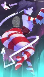 Rule 34 | 1girl, ass, blue hair, blue skin, breasts, colored skin, detached sleeves, foot focus, highres, lilatole, nipples, open mouth, pantyhose, skullgirls, small breasts, solo, squigly (skullgirls), striped clothes, striped pantyhose, striped sleeves, zombie