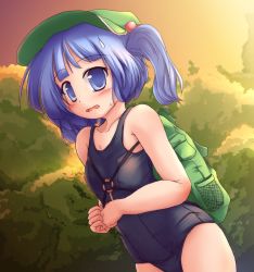 Rule 34 | 1girl, backpack, bag, blue eyes, blue hair, female focus, hair bobbles, hair ornament, hat, highres, kawashiro nitori, key, lzh, matching hair/eyes, nature, one-piece swimsuit, outdoors, plant, randoseru, school swimsuit, short hair, sky, solo, swimsuit, touhou, twintails, two side up