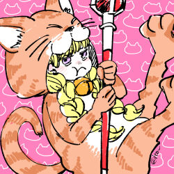 Rule 34 | 1girl, :t, animal costume, blonde hair, blush, braid, cat costume, dragon quest, dragon quest xi, holding, holding scepter, itowo (itowc), jitome, long hair, looking at viewer, official alternate costume, pink background, pout, purple eyes, scepter, signature, simple background, solo, twin braids, veronica (dq11)