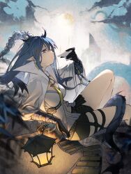 Rule 34 | 1girl, arknights, bead bracelet, beads, belt, black shorts, black skin, blue eyes, blue hair, bracelet, braid, breasts, choko (cup), coat, colored skin, cup, detached collar, dragon girl, dragon tail, earrings, gourd, hair between eyes, highres, horns, jewelry, lantern, ling (arknights), long hair, long sleeves, medium breasts, multicolored skin, necktie, open clothes, open coat, pointy ears, shirt, short shorts, shorts, sitting, solo, tail, tassel, tassel earrings, very long hair, white coat, white shirt, wide sleeves, yellow necktie, yizhifeichaiqishi