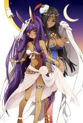 Rule 34 | 2girls, :d, animal ears, anklet, arm wrap, armlet, bare shoulders, bed sheet, belly chain, bikini, black hair, breasts, circlet, cleavage, clothes lift, collarbone, crescent moon, dark-skinned female, dark skin, earrings, facepaint, facial mark, fate/grand order, fate (series), flower, forehead jewel, front-tie bikini top, front-tie top, gradient skin, green eyes, hair rings, hand in another&#039;s hair, hat, high ponytail, hip vent, hoop earrings, jackal ears, jewelry, large breasts, long hair, medium breasts, medjed (fate), mini hat, moon, multiple girls, navel, necklace, nitocris (fate), nitocris (fate/grand order), nitocris (swimsuit assassin) (fate), nitocris (swimsuit assassin) (third ascension) (fate), oiun, open mouth, ponytail, purple eyes, purple hair, ring, sarong, sarong lift, scheherazade (fate), see-through, see-through sarong, simple background, smile, standing, star (symbol), swimsuit, thighlet, tiara, very long hair, white background, white bikini, white flower, white sarong, wrist cuffs, yuri