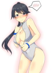 Rule 34 | 10s, 1girl, black hair, blue eyes, blush, breasts, cleavage, front zipper swimsuit, houshou (kancolle), i b b e, kantai collection, long hair, looking at viewer, meme attire, one-piece swimsuit, ponytail, solo, spoken blush, swimsuit, wristband