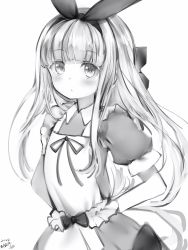 Rule 34 | 1girl, apron, arms behind back, blush, bow, bow hairband, closed mouth, dot nose, dress, flat chest, greyscale, hair bow, hairband, highres, long hair, looking at viewer, monochrome, mononobe alice, nanashi (nlo), nijisanji, simple background, solo, virtual youtuber, white background