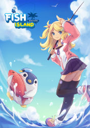 Rule 34 | 1girl, ass, bird, blonde hair, blue eyes, blue sky, breasts, cleavage, cloud, day, dixie cup hat, fish, fish island, fishing rod, from behind, hair bobbles, hair ornament, hat, leg up, logo, looking back, microskirt, military hat, official art, penguin, pleated skirt, seagull, shoes, side ponytail, skirt, sky, small breasts, smile, sneakers, thighhighs, water, yui35, zettai ryouiki