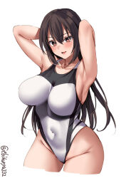 Rule 34 | 1girl, armpits, arms behind head, black hair, black one-piece swimsuit, blush, breasts, collarbone, competition swimsuit, covered navel, cowboy shot, cropped legs, ebifurya, highres, kantai collection, large breasts, long hair, looking at viewer, nagato (kancolle), one-hour drawing challenge, one-piece swimsuit, red eyes, solo, swimsuit, twitter username, two-tone swimsuit, white background, white one-piece swimsuit