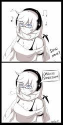 Rule 34 | 10s, 1girl, 2koma, abyssal ship, bare shoulders, blue eyes, bra, bra strap, braid, breasts, cleavage, collarbone, comic, english text, glasses, headphones, kantai collection, long hair, meme, monochrome, off-shoulder shirt, off shoulder, pale skin, rexlent, semi-rimless eyewear, shirt, simple background, solo, spot color, supply depot princess, under-rim eyewear, underwear, upper body, white background, white hair