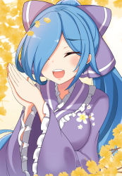 Rule 34 | .live, 1girl, :d, blue hair, blush, bow, breasts, closed eyes, facing viewer, frilled kimono, frills, hair bow, hair over one eye, high ponytail, highres, japanese clothes, kimono, kogetsu azami, large breasts, leaf, long hair, long sleeves, obi, open mouth, own hands clasped, own hands together, ponytail, purple bow, purple kimono, sash, smile, solo, teeth, upper body, upper teeth only, very long hair, virtual youtuber, wide sleeves, yamato iori