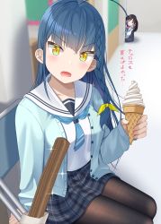 Rule 34 | 2girls, ahoge, black hair, black legwear, blue cardigan, blue hair, blurry, blurry background, blush, braid, cardigan, commentary request, depth of field, drooling, food, grey skirt, gurande (g-size), hair ribbon, highres, holding, holding food, ice cream, ice cream cone, indoors, long hair, long sleeves, multicolored hair, multiple girls, on chair, open cardigan, open clothes, open mouth, original, pantyhose, pink hair, plaid, plaid skirt, pleated skirt, ribbon, sailor collar, saliva, school uniform, serafuku, shirt, single braid, sitting, skirt, sleeves past wrists, soft serve, solo focus, sparkle, translated, twintails, two-tone hair, v-shaped eyebrows, very long hair, white sailor collar, white shirt, yellow eyes, yellow ribbon