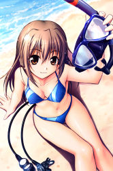 Rule 34 | 1girl, beach, bikini, blue bikini, breasts, brown eyes, brown hair, diving mask, downblouse, from above, goggles, holding, light smile, long hair, looking at viewer, looking up, medium breasts, michi, original, sitting, snorkel, solo, swimsuit, thigh gap