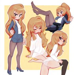 Rule 34 | 1girl, :d, absurdres, aisaka taiga, black pantyhose, blue footwear, blue skirt, blue suit, blush, border, brown eyes, brown hair, chair, clenched hand, closed eyes, closed mouth, collared shirt, commentary, english commentary, formal, full body, glaze artifacts, high heels, highres, looking at viewer, looking back, multiple views, office chair, office lady, on chair, open mouth, outside border, panties, pantyhose, shirt, shirt tucked in, sitting, skirt, smile, suit, sunset nivaris, swivel chair, thighhighs, toradora!, underwear, v-shaped eyebrows, white border, white panties, white shirt, yawning, yellow background