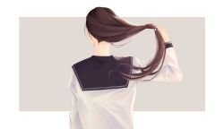 Rule 34 | 1girl, akito (d30n26), back, brown hair, commentary request, facing away, from behind, hair tie, highres, holding, holding own hair, long hair, long sleeves, nape, original, ponytail, sailor collar, school uniform, serafuku, shirt, simple background, solo, upper body, white shirt