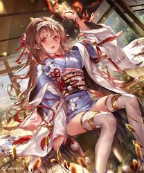 Rule 34 | 1girl, :d, animal print, bird print, blush, brown hair, company name, gold trim, hair ornament, indoors, japanese clothes, liiko, long hair, official art, open mouth, red eyes, shingeki no bahamut, sitting, smile, solo, thighhighs, white thighhighs, wide sleeves