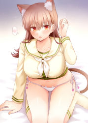 Rule 34 | 1girl, animal ears, arm support, bed sheet, blush, breasts, brown eyes, brown hair, cat ears, cat tail, collarbone, fang, gradient background, hair between eyes, kantai collection, large breasts, long hair, long sleeves, navel, neckerchief, ooi (kancolle), ooi kai ni (kancolle), open mouth, panties, rui shi (rayze ray), sailor collar, school uniform, serafuku, socks, solo, spoken blush, tail, underwear, white neckerchief, white panties, yellow sailor collar