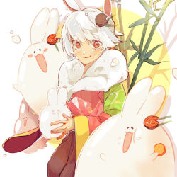Rule 34 | 1girl, :d, animal, animal ears, bamboo, cookie run, food, food on face, hair ornament, highres, holding, holding animal, looking at viewer, moon rabbit flavored cookie, open mouth, rabbit, rabbit ears, red eyes, short hair, smallsalmon, smile, solo, white background, white hair, wide sleeves