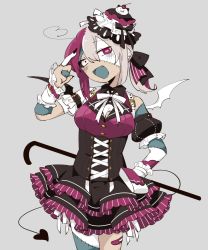 Rule 34 | 1girl, bandaid, bandaid on leg, belt, black sclera, blush, cane, colored sclera, cowboy shot, demon tail, demon wings, detached sleeves, dress, earrings, fingernails, frilled dress, frills, gothic lolita, grey background, grey hair, head tilt, headwear request, heart, heart-shaped pupils, highres, holding, holding cane, index finger raised, jewelry, lolita fashion, long fingernails, looking at viewer, mismatched sclera, multicolored hair, muratake oumu, open mouth, original, patchwork skin, pouch, puffy detached sleeves, puffy sleeves, purple eyes, purple hair, short hair, simple background, solo, split-color hair, standing, stitches, stud earrings, symbol-shaped pupils, tail, two-tone hair, white eyes, white neckwear, wings, zombie
