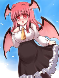 Rule 34 | 1girl, bat wings, blush, breasts, head wings, koakuma, long hair, open mouth, pregnant, red eyes, red hair, ry (yagoyago), sky, smile, solo, touhou, wings