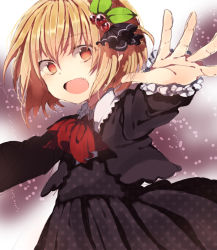 Rule 34 | 1girl, alternate costume, blonde hair, dress, embodiment of scarlet devil, fang, female focus, hair ribbon, leaf, miya (tsumazukanai), open mouth, outstretched arms, polka dot, red eyes, ribbon, rumia, short hair, solo, touhou, vest