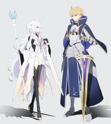 Rule 34 | 1boy, 1girl, absurdres, ahoge, armor, arthur pendragon (fate), bishounen, black footwear, black gloves, black pants, blonde hair, blue cape, breastplate, breasts, cape, closed mouth, commentary, excalibur (fate/prototype), fate/grand order, fate/grand order arcade, fate/prototype, fate/prototype: fragments of blue and silver, fate (series), faulds, fingerless gloves, full body, gauntlets, gloves, greaves, green eyes, grey background, hair between eyes, hand on own chest, highres, holding, holding staff, long hair, long sleeves, looking at another, medium breasts, merlin (fate/prototype), merlin (fate/prototype) (second ascension), ninjin (ne f g o), pants, pauldrons, purple eyes, robe, shadow, short hair, shoulder armor, simple background, smile, staff, sword, teacher and student, very long hair, weapon, white hair, white robe, wide sleeves