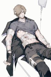 Rule 34 | 1boy, bandaged arm, bandaged head, bandaged neck, bandages, bandaid, bandaid on face, belt, black pants, blonde hair, blood, blood stain, blue eyes, chinese commentary, clothes lift, commentary, cuffs, cuts, fingerless gloves, gloves, handcuffs, highres, humidifier xd, injury, intravenous drip, jacket, jacket on shoulders, las plagas, leon s. kennedy, lying, male focus, messy hair, navel, nipple slip, nipples, on back, on bed, pants, pectorals, resident evil, resident evil 4, resident evil 4 (remake), restrained, shirt lift, short hair, sketch, solo, thigh strap, white background