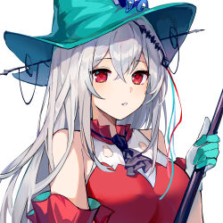 Rule 34 | 1girl, absurdres, aqua gloves, aqua hat, arknights, ascot, bare shoulders, black ascot, breasts, detached sleeves, dress, gloves, grey hair, hat, highres, holding, holding staff, large breasts, long hair, looking at viewer, ming (xmkp2333), parted lips, red dress, red eyes, simple background, skadi (arknights), skadi the corrupting heart (arknights), smile, solo, staff, upper body, very long hair, white background