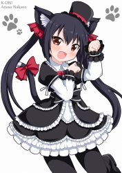 Rule 34 | 1girl, animal ears, black hair, brown eyes, cat ears, cat tail, dress, fang, hat, k-on!, kagerou (kers), long hair, nakano azusa, pantyhose, paw pose, solo, tail, top hat, twintails