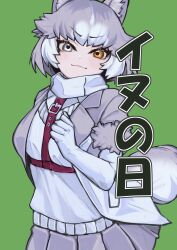 Rule 34 | 1girl, a888 n22, blue eyes, blush, cowboy shot, dog (mixed breed) (kemono friends), elbow gloves, gloves, green background, grey hair, grey jacket, grey skirt, harness, heterochromia, highres, jacket, kemono friends, looking at viewer, multicolored clothes, multicolored hair, multicolored jacket, pleated skirt, scarf, short hair, short sleeves, skirt, solo, translated, two-tone hair, two-tone jacket, vest, white gloves, white hair, white jacket, white scarf, white vest, yellow eyes