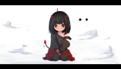 Rule 34 | 1girl, age regression, aged down, ahoge, bare shoulders, between legs, black hair, black thighhighs, closed mouth, demon girl, demon horns, demon tail, full body, hand between legs, horns, letterboxed, long hair, off shoulder, original, oversized clothes, oversized shirt, pleated skirt, red eyes, red skirt, seiza, shimmer, shirt, simple background, sitting, skirt, smoke, solo, tail, thighhighs, white background