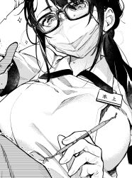 Rule 34 | black-framed eyewear, black hair, breasts, dentist, glasses, greyscale, hair over shoulder, highres, large breasts, looking at viewer, mask, monochrome, motion lines, mouth mask, name tag, original, surgical mask, sweat, trembling, uma raclette, upper body