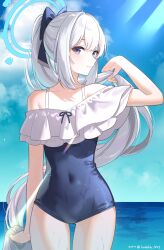Rule 34 | 1girl, blue archive, blue bow, blue one-piece swimsuit, bow, closed mouth, cloud, collarbone, commentary, commission, covered navel, grey hair, hair bow, halo, highres, holding, holding own hair, long hair, miyako (blue archive), miyako (swimsuit) (blue archive), ocean, one-piece swimsuit, purple eyes, shadow, skeb commission, sky, solo, swimsuit, takeko spla, thigh gap, twitter username, wet, wet clothes, wet swimsuit