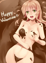 Rule 34 | 1girl, :d, bad id, bad pixiv id, between thighs, breasts, brown hair, chocolate, chocolate covered, chocolate on body, chocolate on breasts, chocolate on face, food, food on body, food on face, green eyes, happy valentine, long hair, looking at viewer, naked chocolate, nude, open mouth, original, partially submerged, prime, revision, smile, solo, valentine