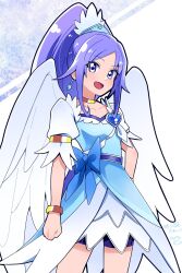 Rule 34 | 1girl, angel wings, bike shorts, bike shorts under skirt, blue bow, blue dress, blue eyes, blue hair, blue skirt, bow, bracelet, brooch, choker, collarbone, commission, crystal earrings, cure diamond, dokidoki! precure, dress, earrings, feather hair ornament, feathered wings, feathers, hair ornament, heart, heart brooch, highres, hishikawa rikka, jewelry, long hair, looking at viewer, magical girl, open mouth, ponytail, precure, puffy short sleeves, puffy sleeves, short sleeves, signature, skeb commission, skirt, smile, solo, very long hair, white background, wings