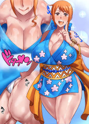 Rule 34 | 1girl, absurdres, blush, bracelet, breasts, brown eyes, clothes, female focus, female pubic hair, haikawa hemlen, hanging breasts, highres, japanese clothes, jewelry, kimono, large breasts, long hair, looking at viewer, multiple views, nami (one piece), no bra, one piece, open mouth, orange hair, panties, ponytail, pubic hair, smile, sweat, tongue, tongue out, underwear, white panties
