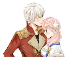 Rule 34 | 10s, 1boy, 1girl, atelier (series), atelier escha &amp; logy, breasts, cleavage, couple, escha malier, closed eyes, green eyes, hand on another&#039;s head, hetero, logix ficsario, long hair, medium breasts, pink hair, short hair, silver hair, simple background, w spread, white background, wspread