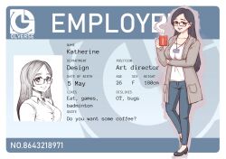 Rule 34 | 1girl, black eyes, black hair, blue pants, breasts, brown coat, butter spoon, coat, commentary, cup, earrings, english commentary, english text, glasses, highres, holding, holding cup, id card, jewelry, katherine (olverse), lanyard, large breasts, long hair, mug, olverse, original, pants, parted lips, shirt, smile, white shirt