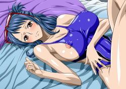 Rule 34 | 1girl, areola slip, bare arms, bare legs, bare shoulders, bed, blue hair, blue one-piece swimsuit, blush, breasts, brown eyes, cleavage, covered erect nipples, feet, female focus, game cg, glasses, hair up, large breasts, legs, long hair, looking at viewer, lying, nel-zel formula, on bed, one-piece swimsuit, one piece, shiny skin, sleeveless, solo, swimsuit, tashigi